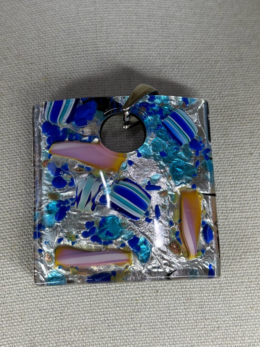 Murano Italy Glass Pendant Silver Tone Blue Art Jewelry